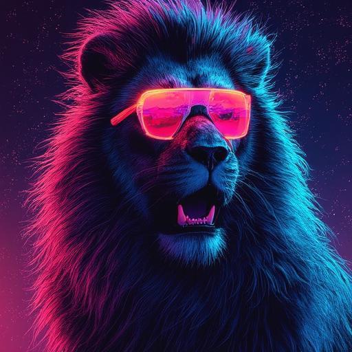 A black lion in futuristic neon sunglasses A black lion in futuristic neon sunglasses