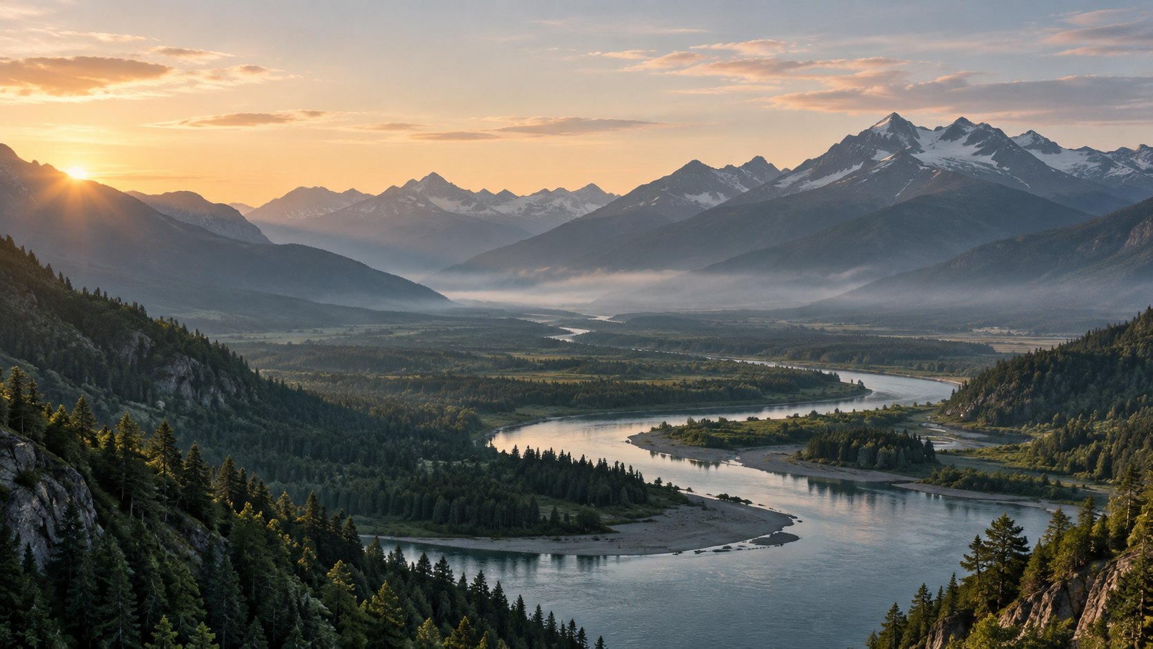 A winding river through a misty mountain valley at sunrise